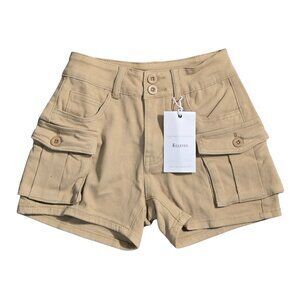 NWT | Elleven Beige High-Waisted Tiered Utility Cargo Shorts | Double Button | X